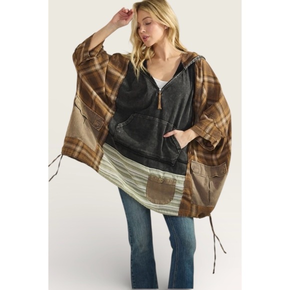 Oli & Hali Black Washed Plaid Half Zip Hoodie | Mixed Media Pullover - Picture 3 of 7